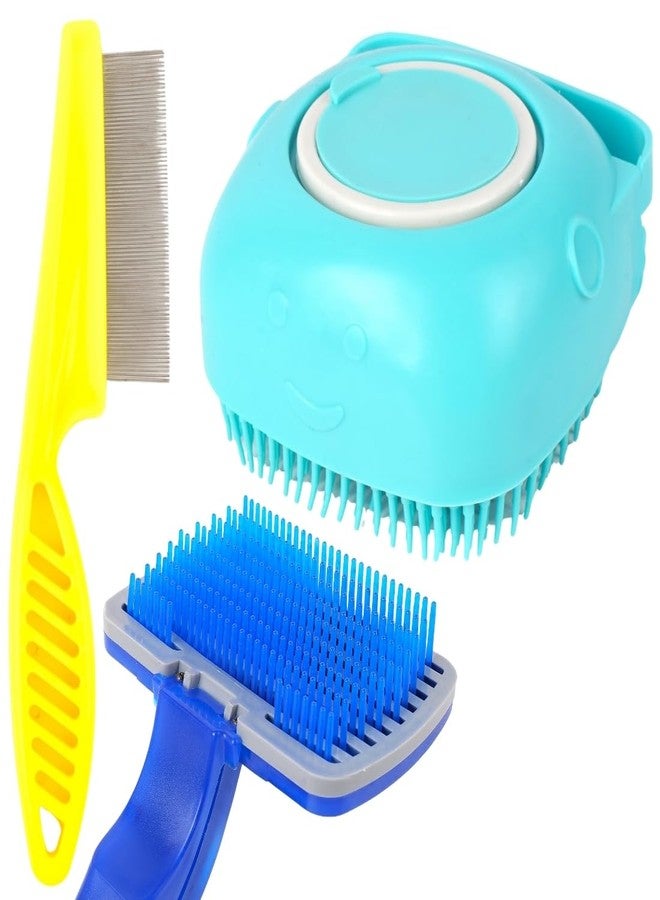 مجموعة فرشاة تنظيف الحيوانات الأليفة، أداة تنظيف ذاتي للكلاب والقطط لإزالة الشعر الزائد مع مشط معدني، أزرق وفيروزي، طقم عناية احترافي من 3 قطع - Image 1